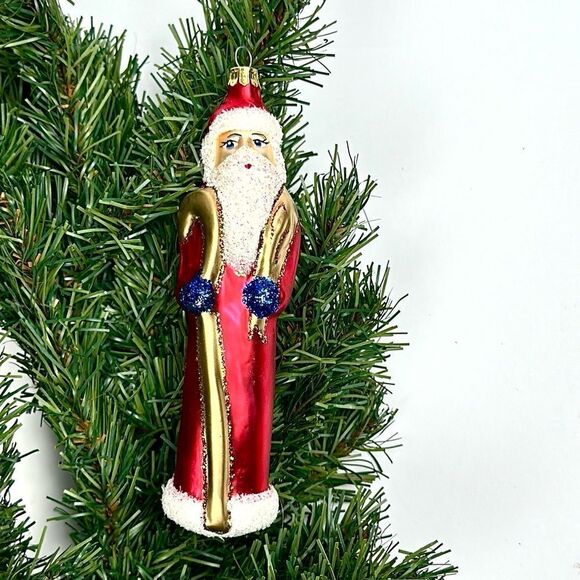 Vintage PIER 1 Blown Mercury Glass Santa Christmas Ornament Red White Gold - Picture 2 of 11